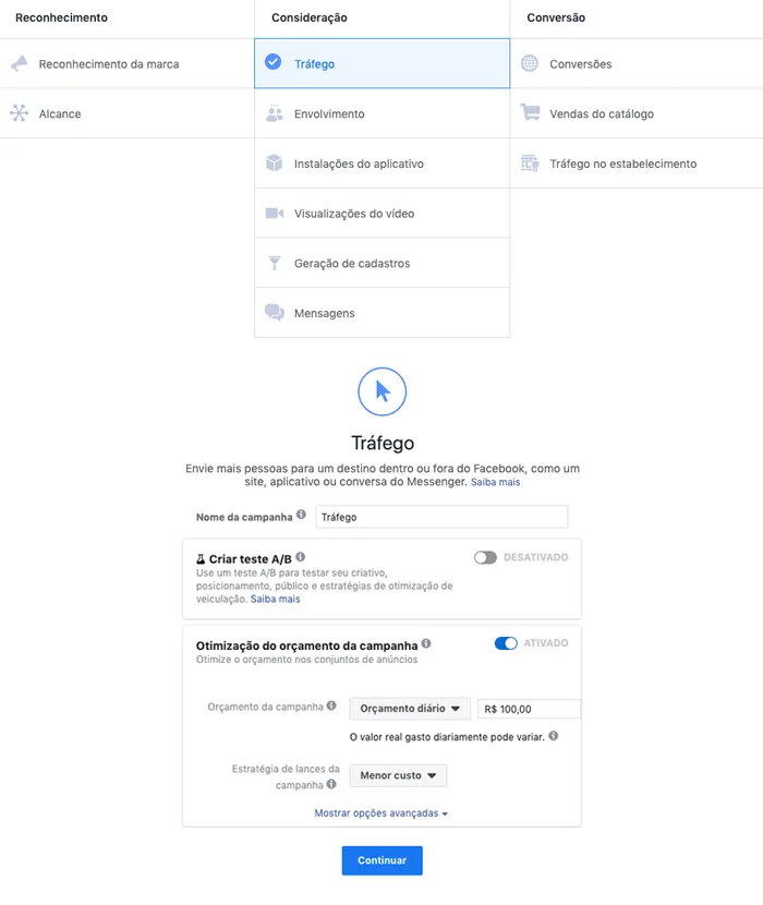 Seleção do objetivo Tráfego para criação de campanha no facebook