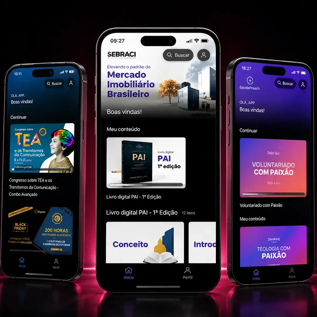 Três celulares exibindo aplicativos white-label de clientes EngagED com marca própria na tela inicial