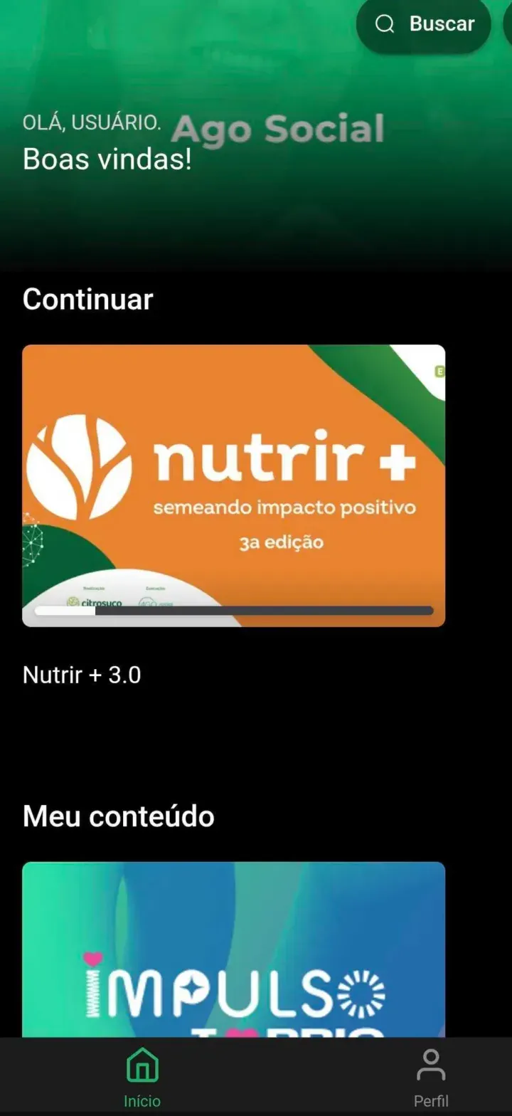 Tela do aplicativo do instituto Ago Social exibindo o conteúdo de formação sobre impacto social.