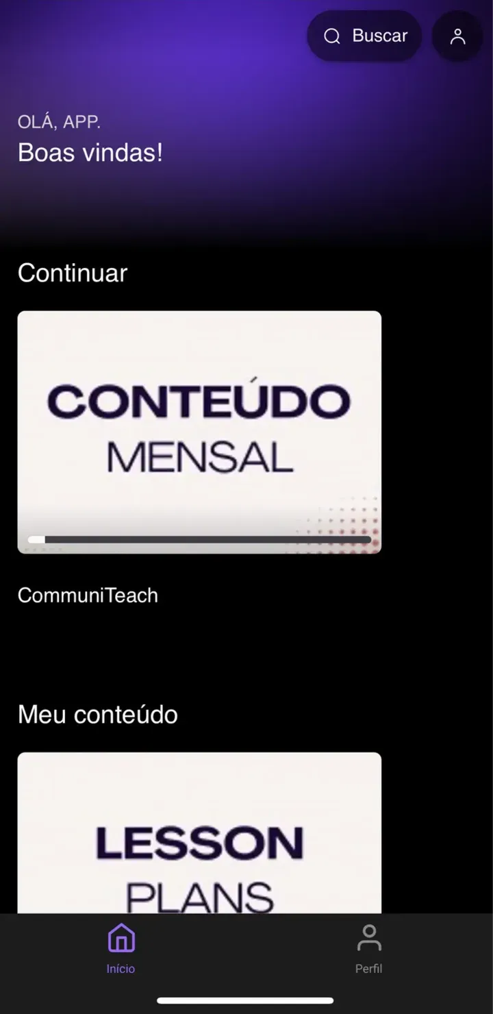 Tela inicial do aplicativo da CommuniTeach mostrando o conteúdo em andamento do aluno.