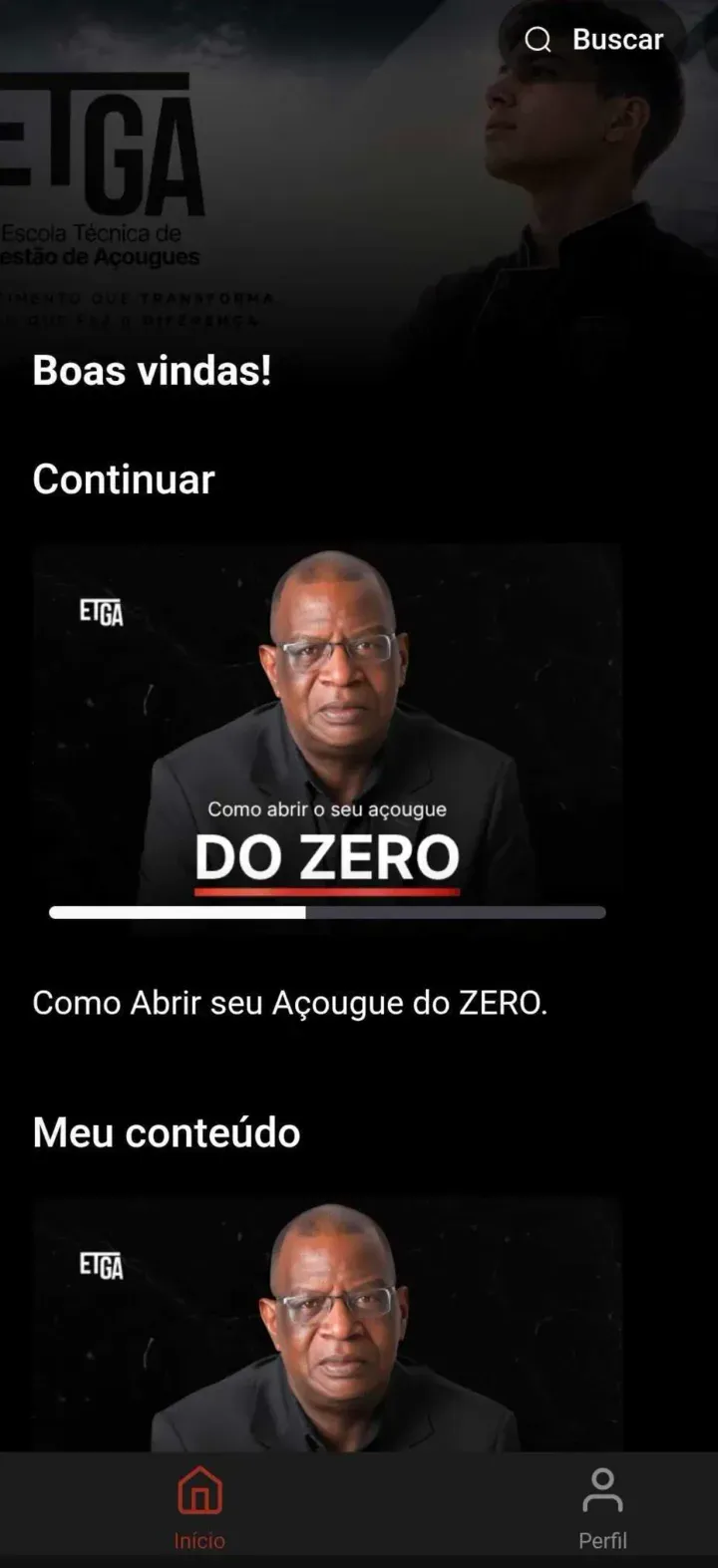 Tela do app da ETGA aberta no curso sobre abrir um açougue, com a identidade visual da escola