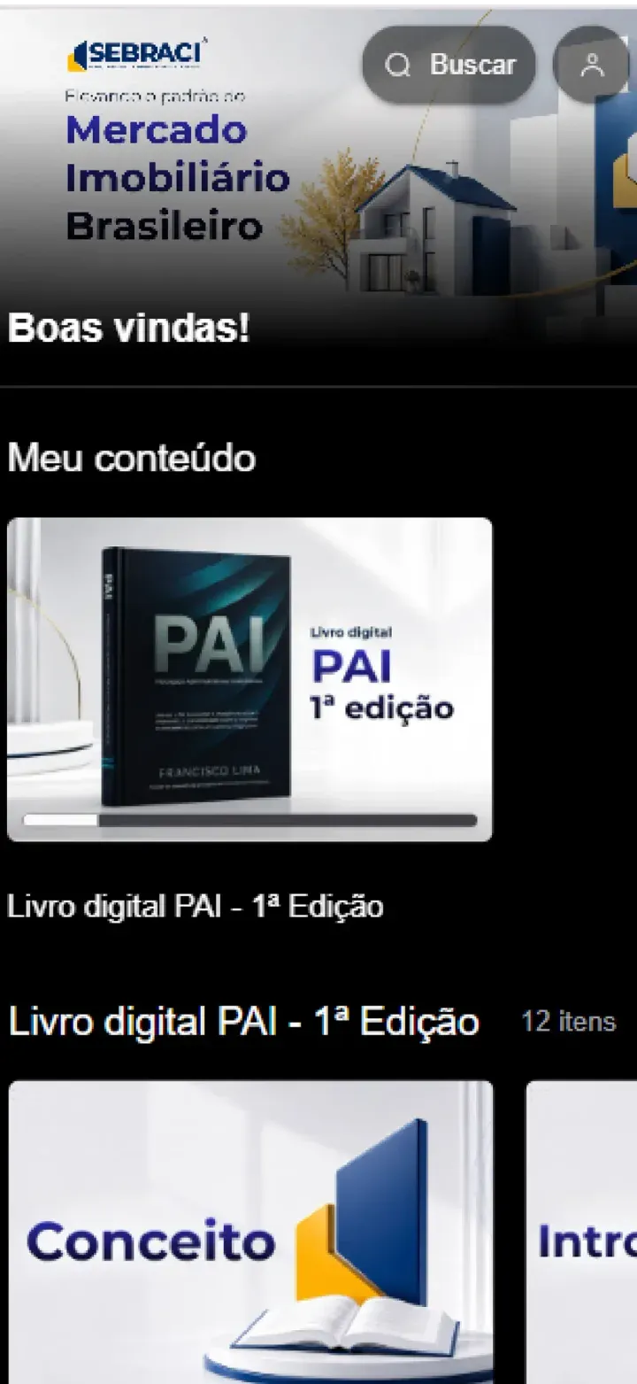 Tela do aplicativo da SEBRACI mostrando um livro digital sobre o mercado imobiliário.