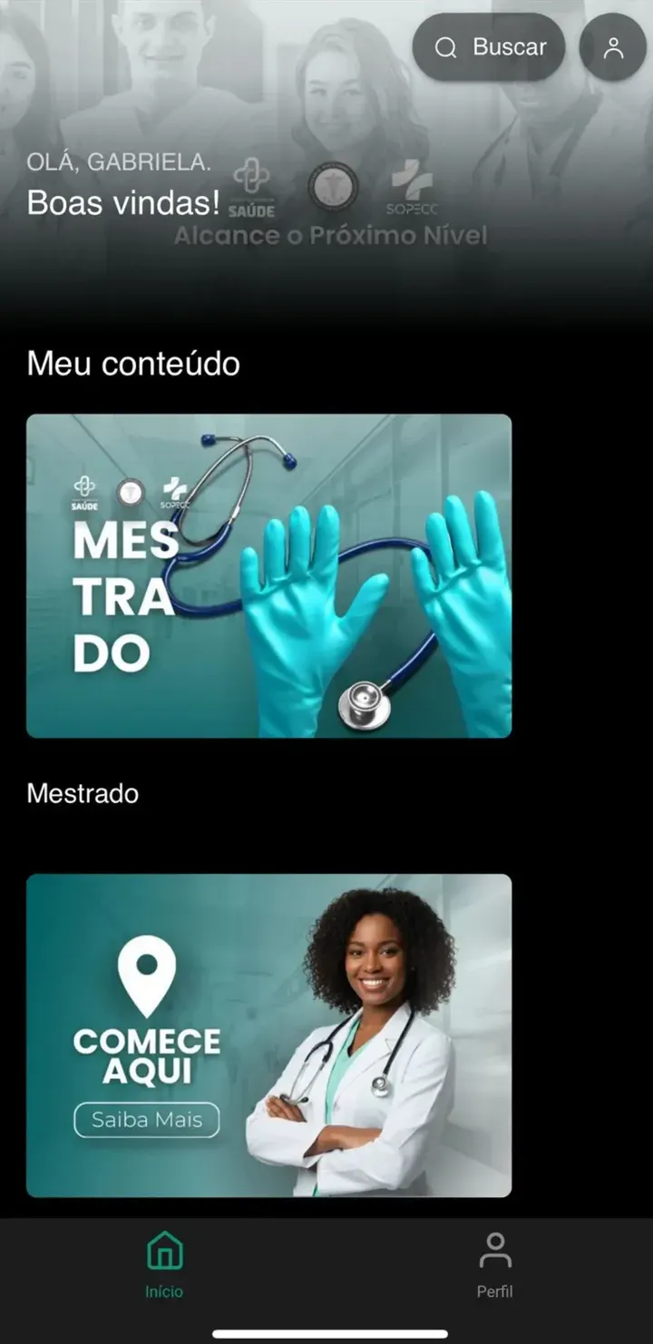 Tela do aplicativo da SOPECC apresentando as turmas de especialização na área de saúde.