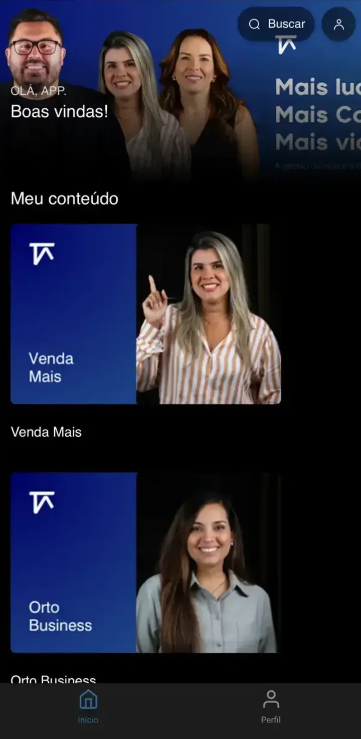 Tela do app da TA reunindo cursos voltados à gestão de clínicas odontológicas, já com a marca própria