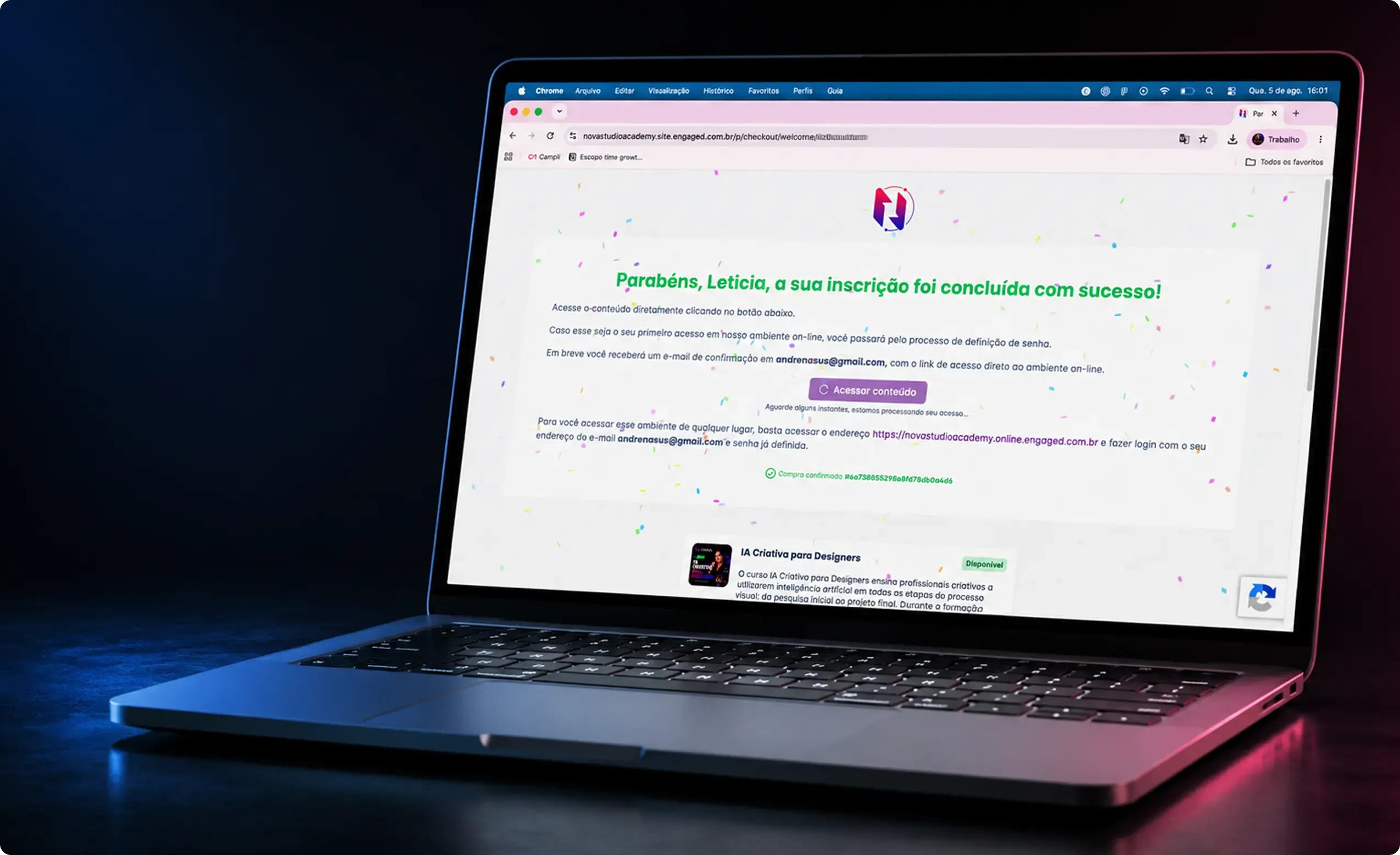 Tela de boas-vindas da área de membros de um cliente EngagED, com confirmação de inscrição e link de acesso no domínio próprio