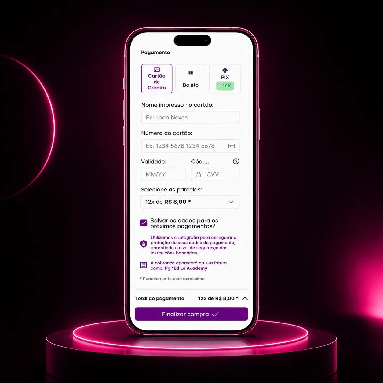 Checkout da EngagED aberto no celular com cartão, boleto e Pix e parcelamento em 12x