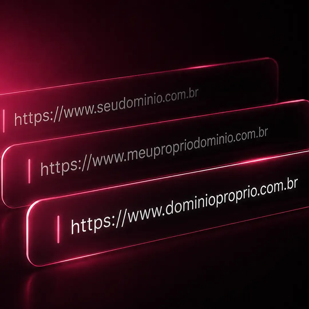 Três barras de endereço iluminadas em magenta com domínios próprios de clientes