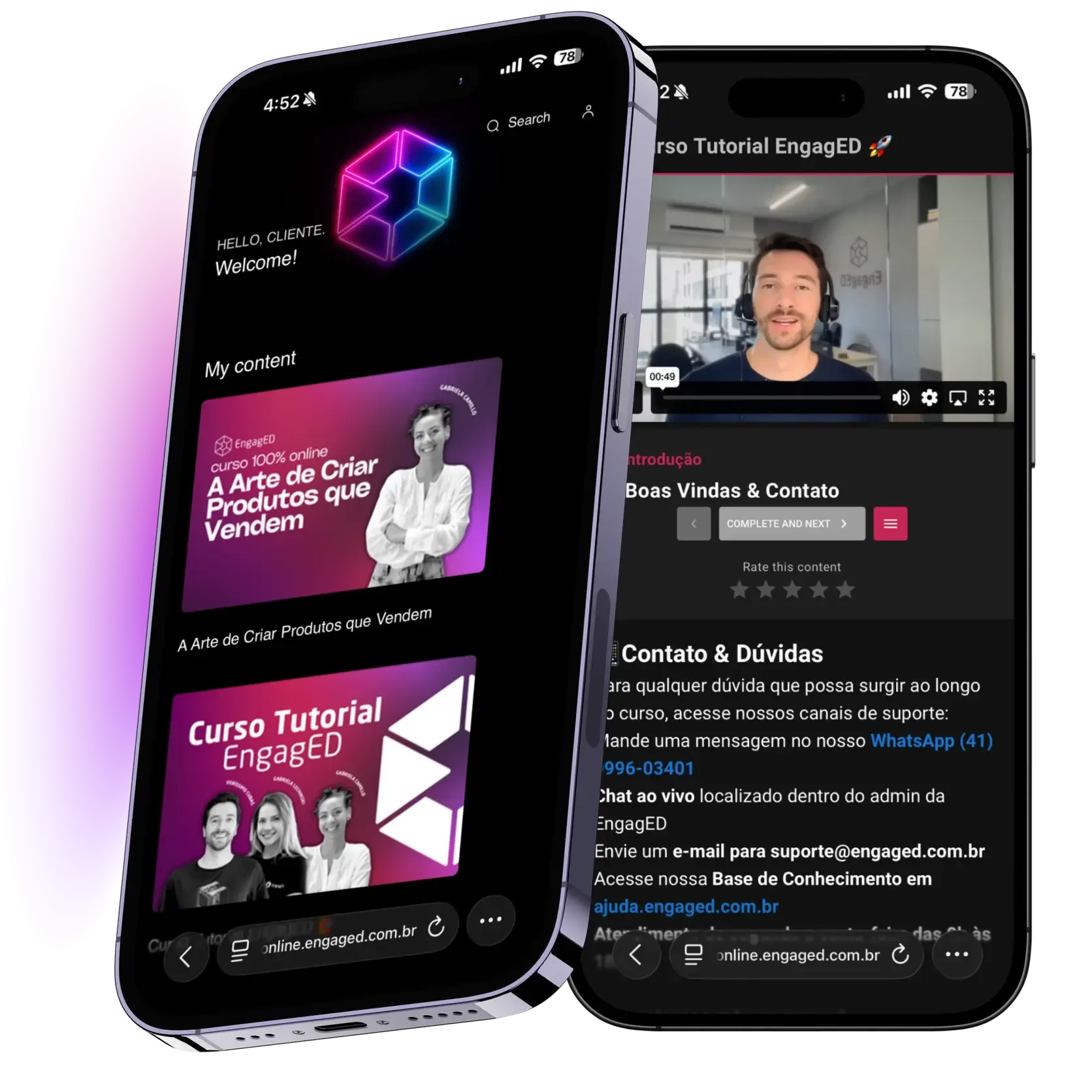 EngagED Academy rodando no celular · 2 mockups iPhone