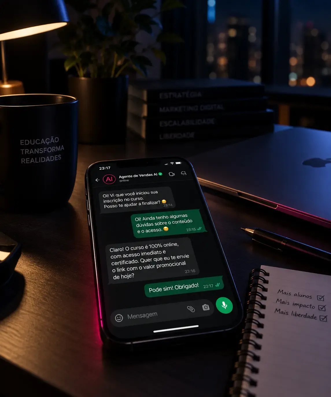 Conversa do agente de IA da EngagED no WhatsApp às 23h, retomando uma inscrição que ficou pelo caminho