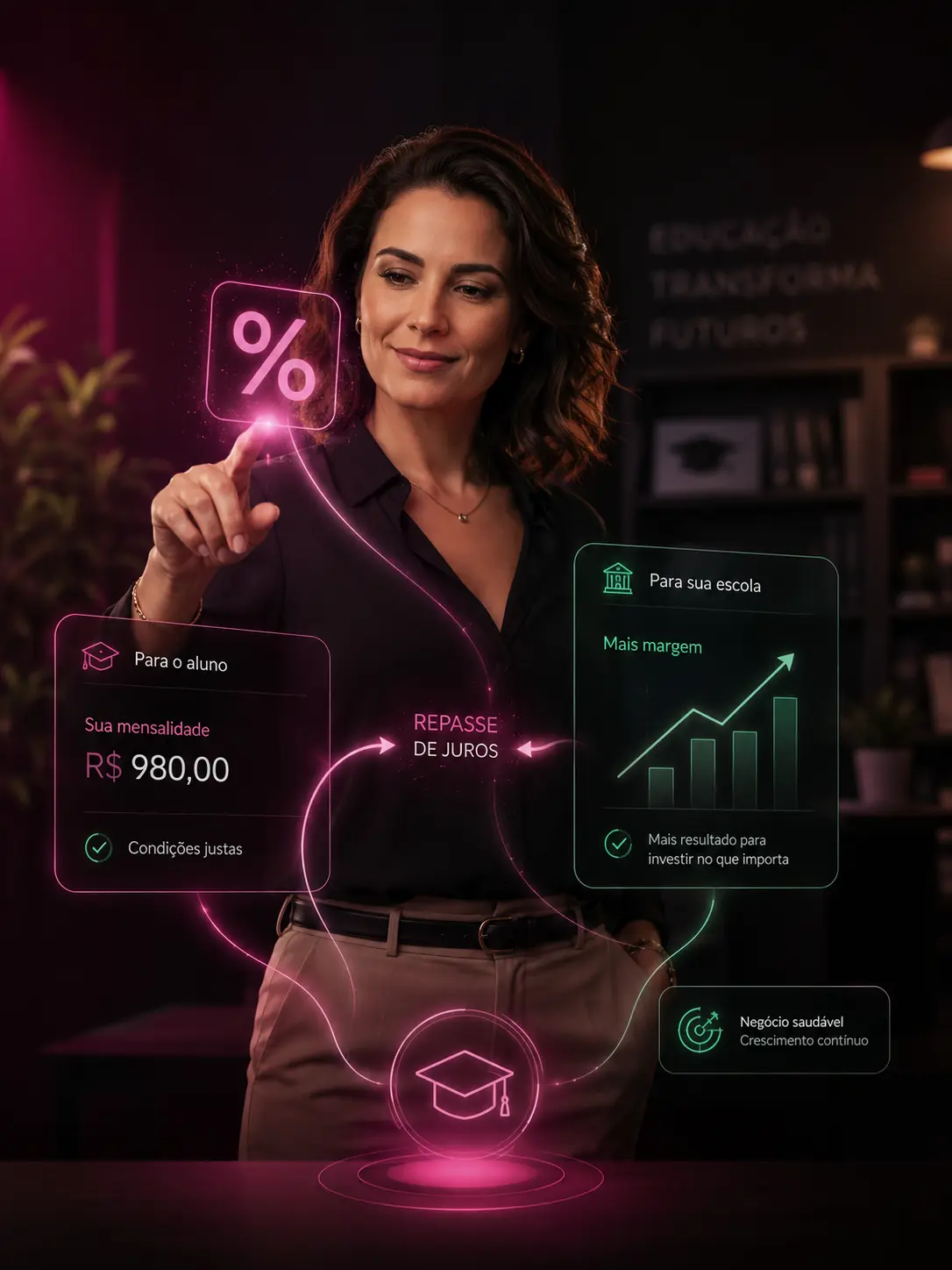Resumo de venda parcelada exibindo taxa justa e juros repassados ao cliente
