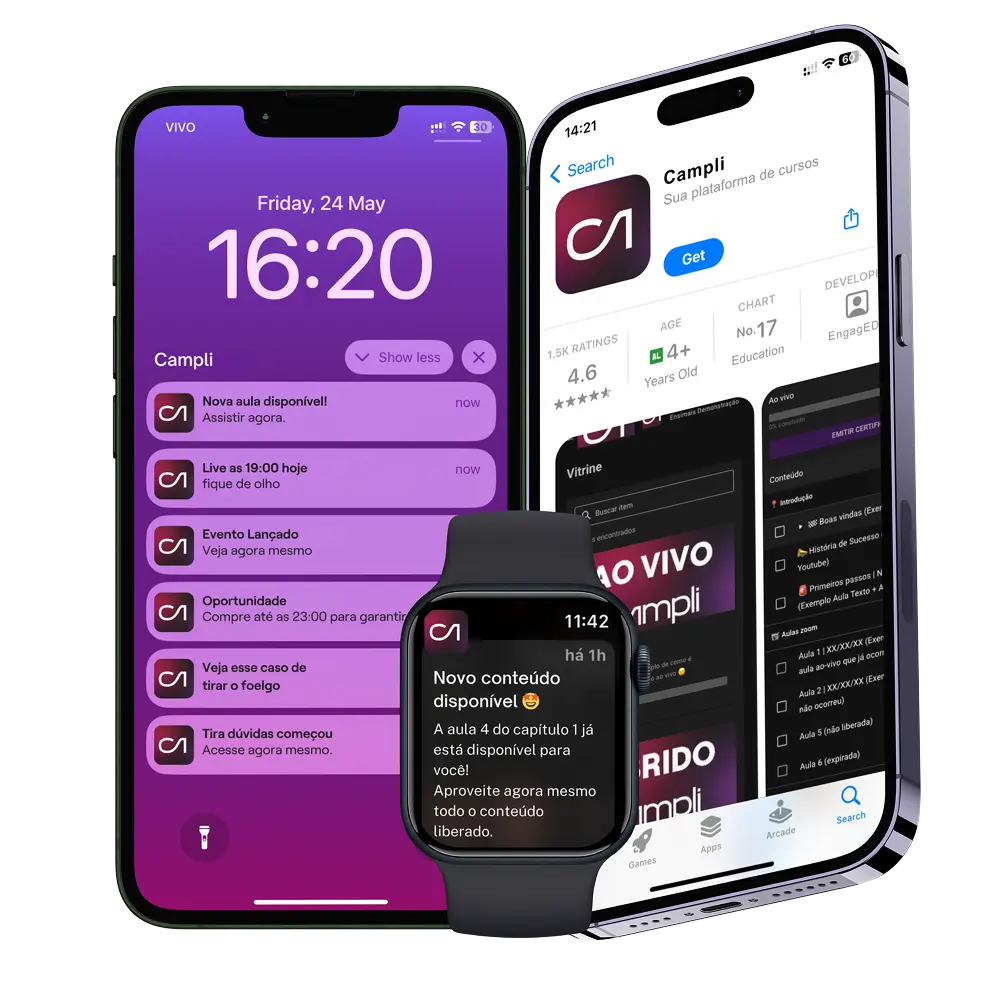 Mockup de iPhone com notificações da marca, Apple Watch e tela da App Store mostrando o app branded