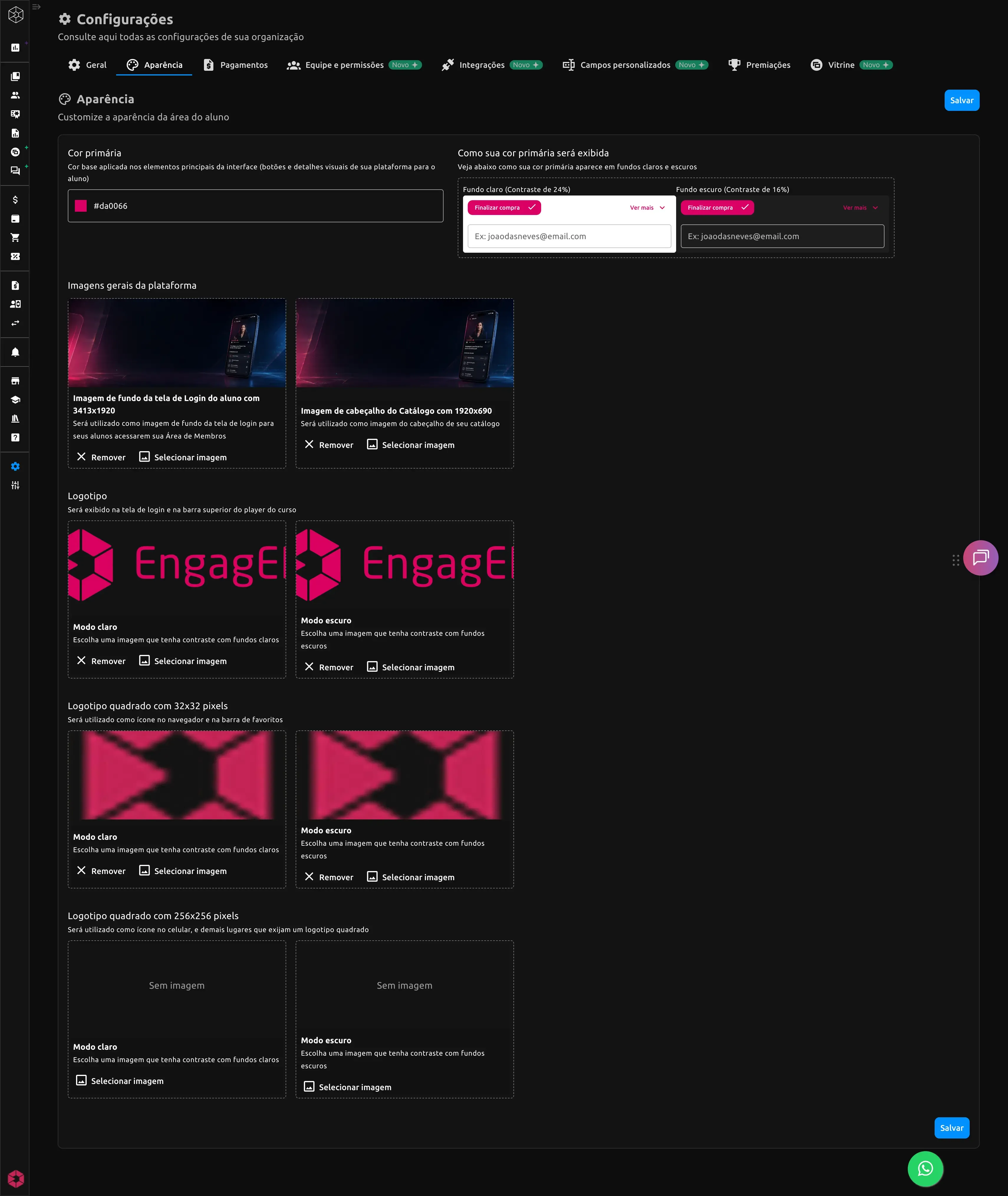Painel de aparência da EngagED, com cor primária, logotipo e imagens da plataforma do cliente
