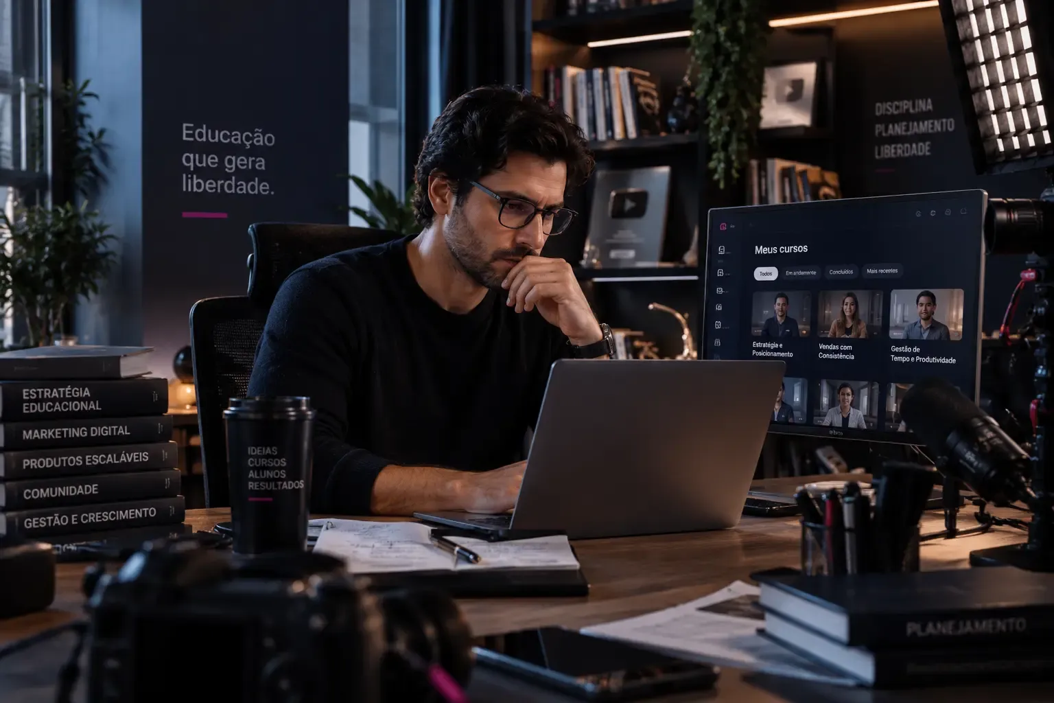 Produtor de cursos online numa mesa de estúdio, com câmera e microfone, e a tela do computador aberta na área de membros da plataforma.