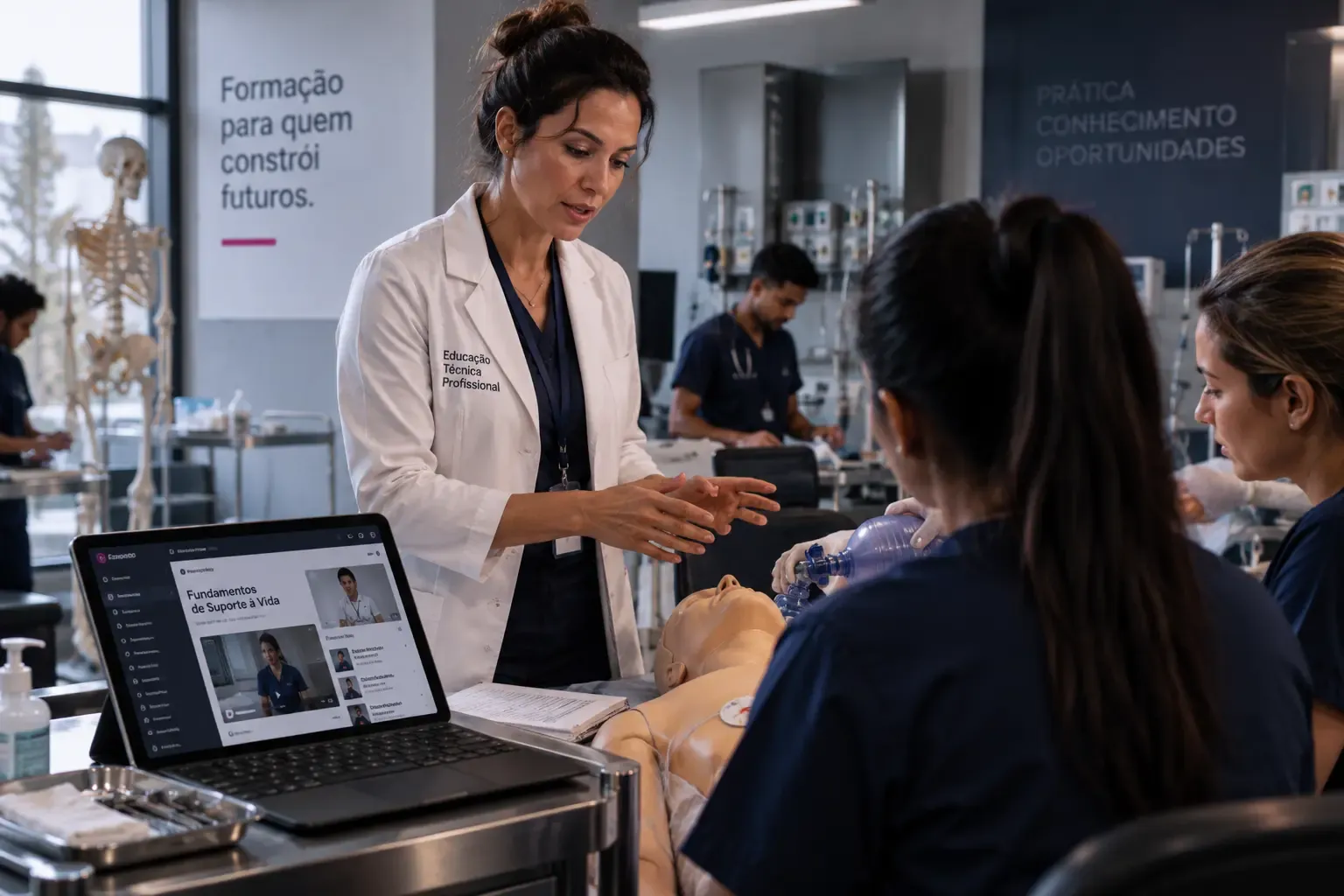 Professora de jaleco orienta alunas de scrub num treino prático de saúde, ao lado de um manequim de simulação e de um notebook com a plataforma na tela.