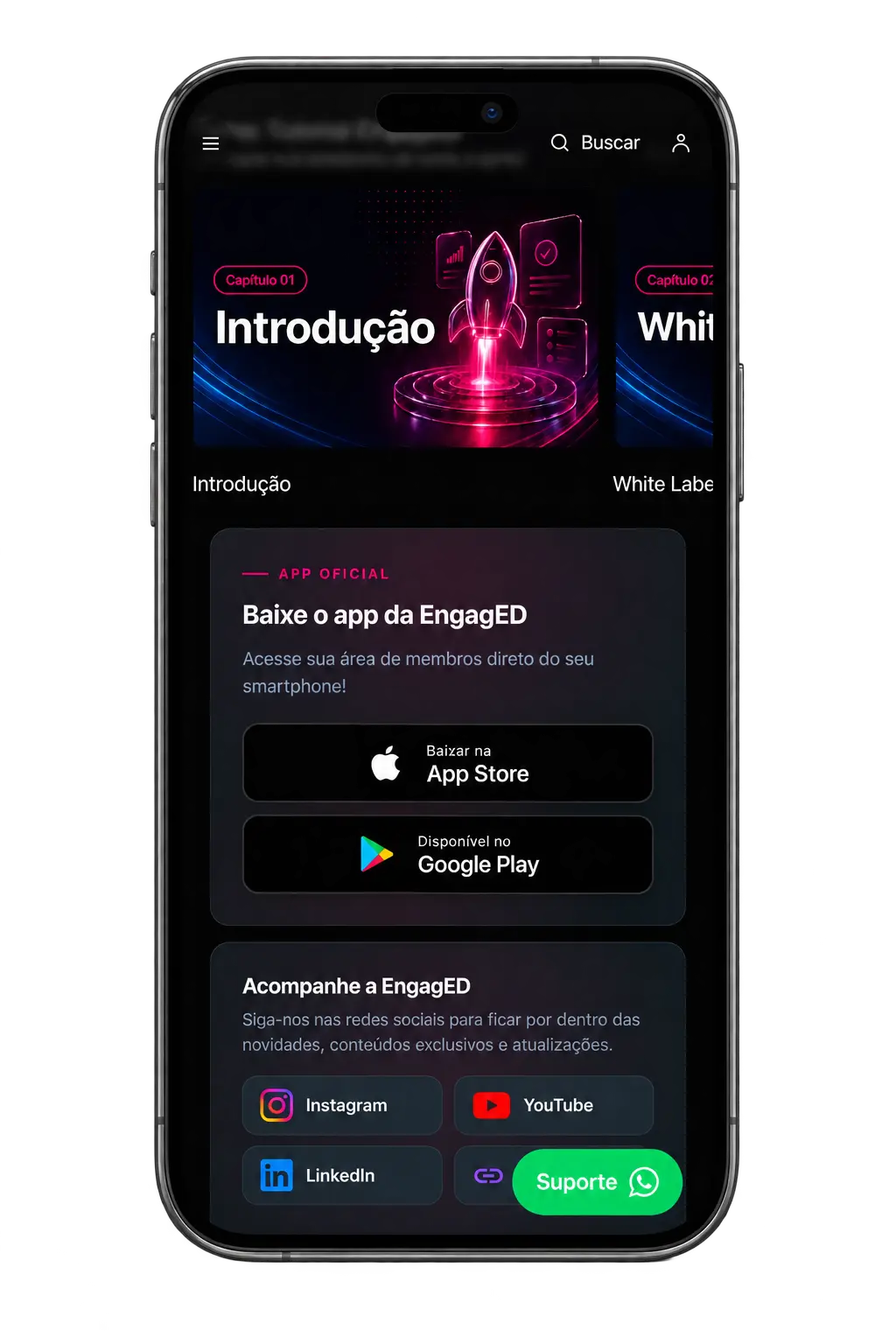 Aplicativo nativo EngagED no iPhone com a marca do cliente