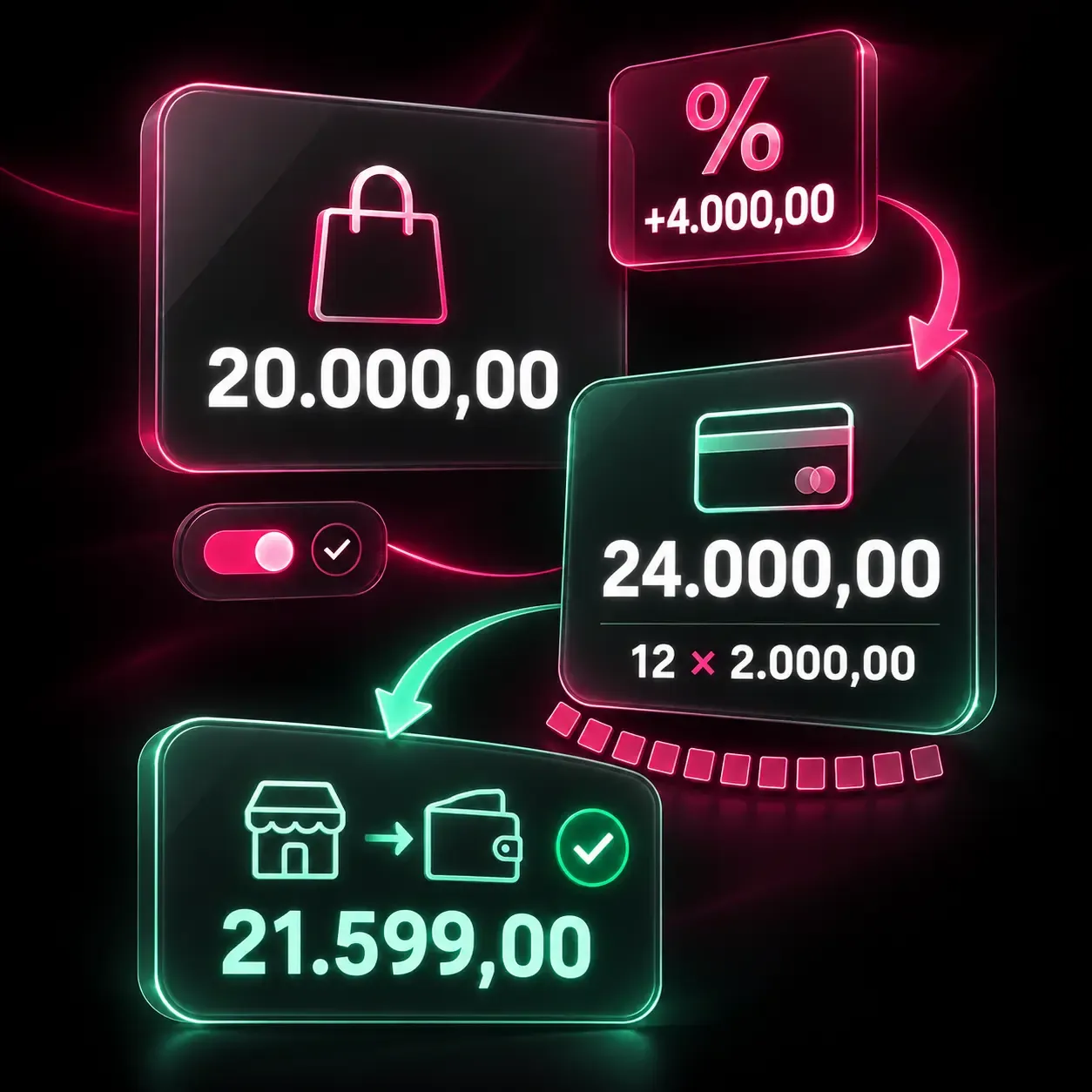 Composição em neon com o valor da venda, o acréscimo do parcelamento somado em cima, o total dividido em doze parcelas e o valor que entra na carteira de quem vendeu