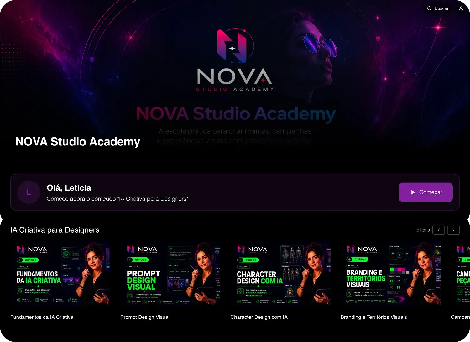 Página inicial da área de membros da NOVA Studio Academy, com o logo e a identidade visual da marca