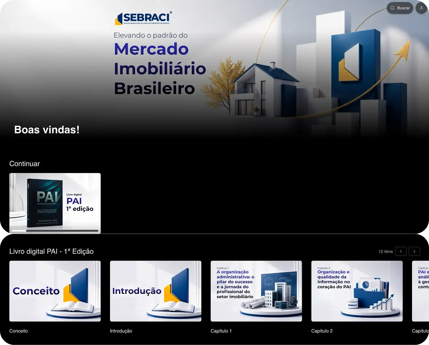 Página inicial da área de membros do SEBRACI, com o logo e a identidade visual da marca