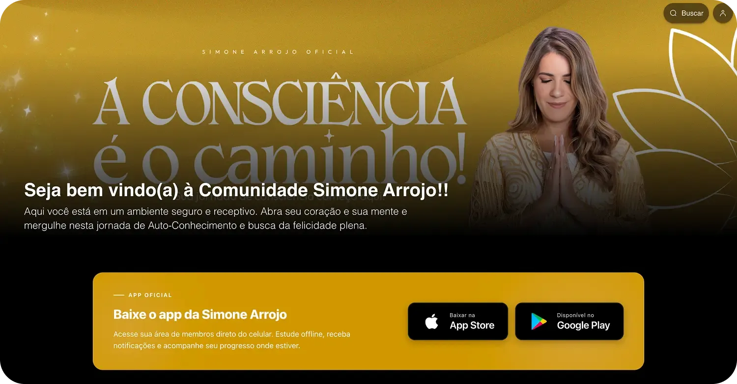 Área de membros da Comunidade Simone Arrojo com a mensagem de boas-vindas e o banner de download do aplicativo nas lojas.