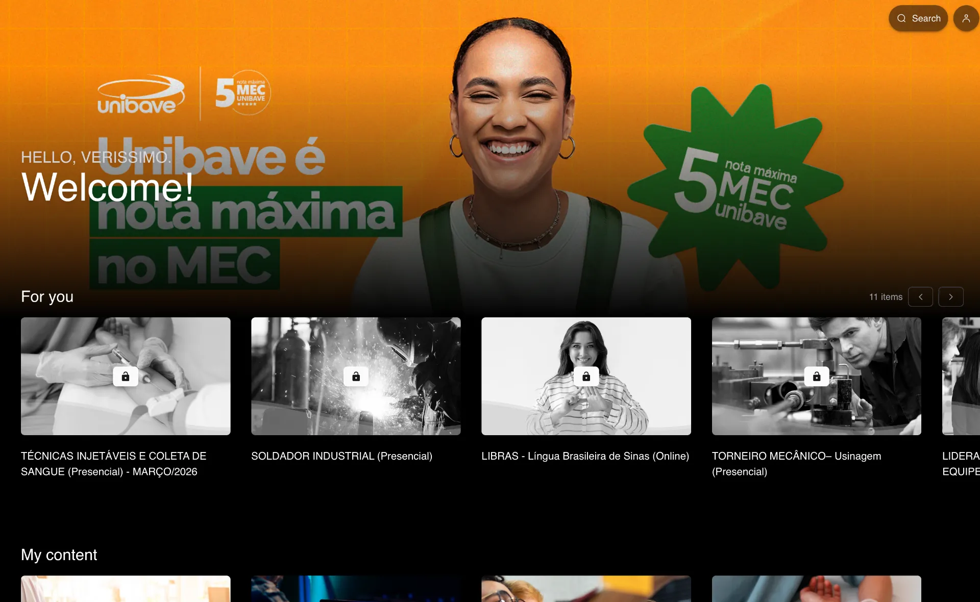 Área do aluno da Unibave com a marca da instituição, mensagem de boas-vindas e os cursos em destaque.