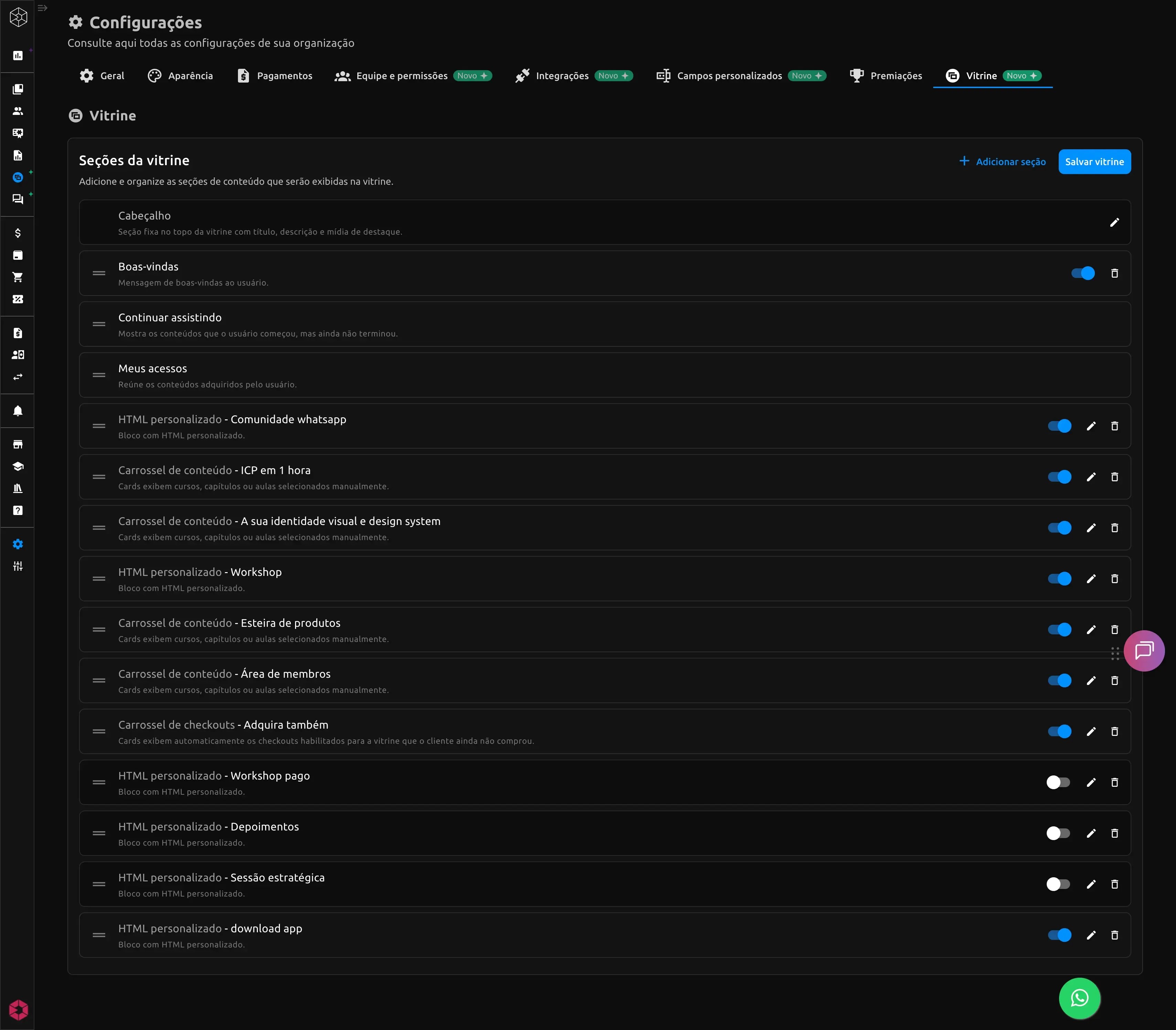 Painel de configuração da vitrine na EngagED, com seções de boas-vindas, carrosséis de conteúdo e blocos personalizados